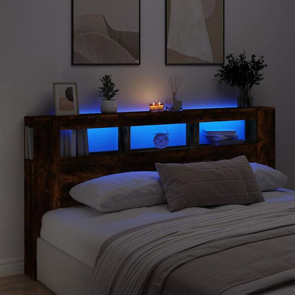 vidaXL Κεφαλάρι Κρεβατιού με LED Καπνιστή Δρυς 200x18,5x103,5 εκ