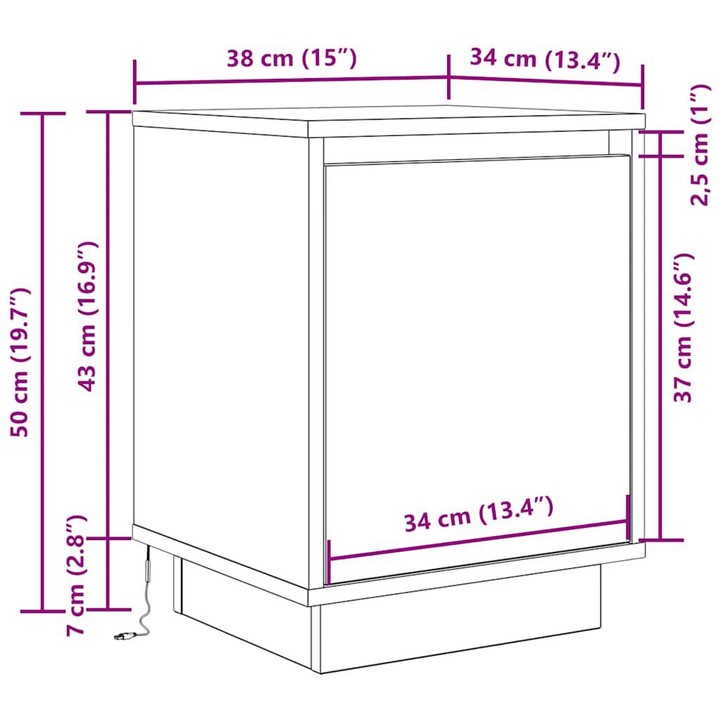 vidaXL Κομοδίνα με φώτα LED 2 τεμάχια καφέ δρυς 38x34x50 cm
