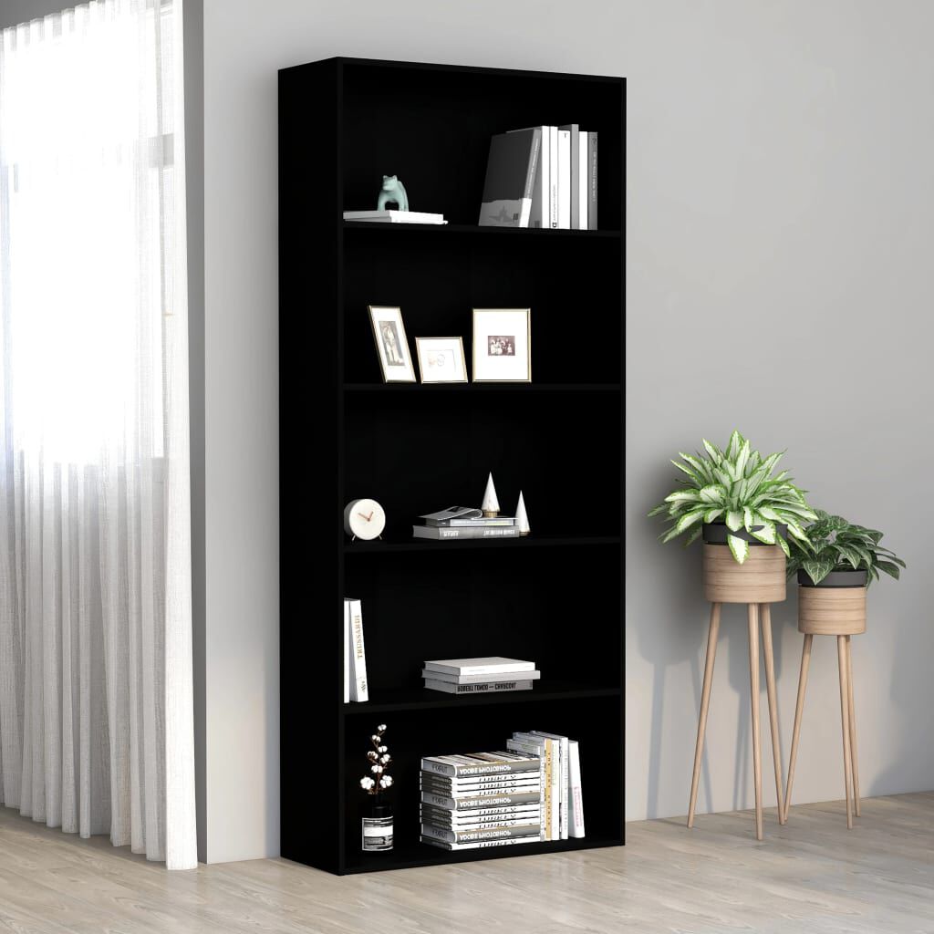 vidaXL Βιβλιοθήκη με 5 Ράφια Μαύρη 80 x 30 x 189 εκ. Επεξ. Ξύλο