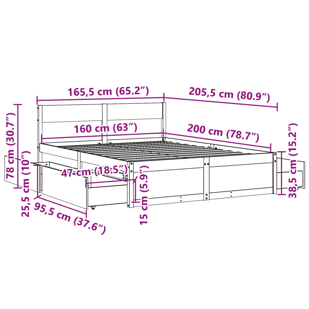 vidaXL Σκελετός Κρεβατιού Χωρίς Στρώμα 160x200 εκ Μασίφ Ξύλο Πεύκου