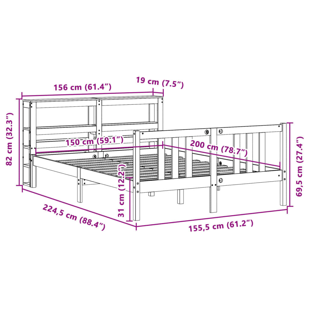 vidaXL Πλαίσιο Κρεβατιού Κεφαλάρι Λευκό 150x200εκ Μασίφ Πεύκο
