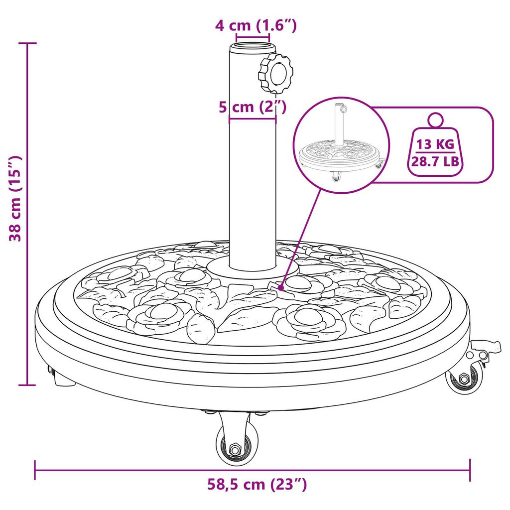vidaXL Βάση Παρασίδας με Ρόδες για Πόλους Ø38-48 mm, 13 kg, Στρογγυλή