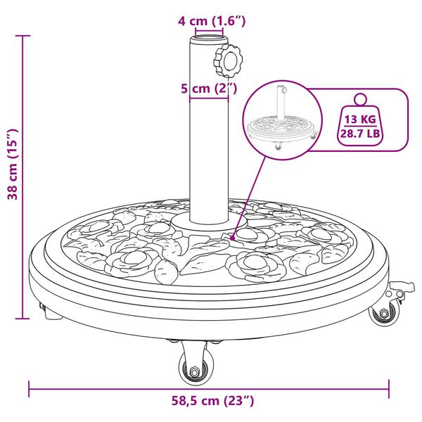 vidaXL Βάση Παρασίδας με Ρόδες για Πόλους Ø38-48 mm, 13 kg, Στρογγυλή