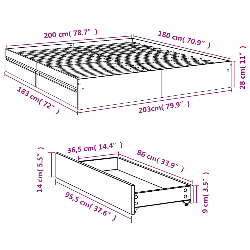 vidaXL Πλαίσιο Κρεβατιού με συρτάρια Sonoma Δρυς 180x200εκ. Επεξ. Ξύλο