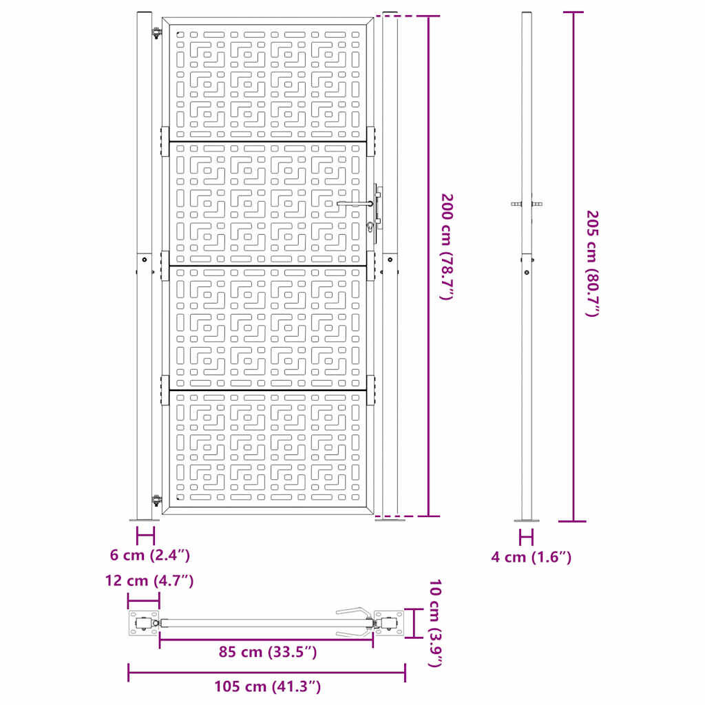 vidaXL Πύλη κήπου 105x205 cm Σταυρός σχεδιασμού από διαβρωμένο χάλυβα
