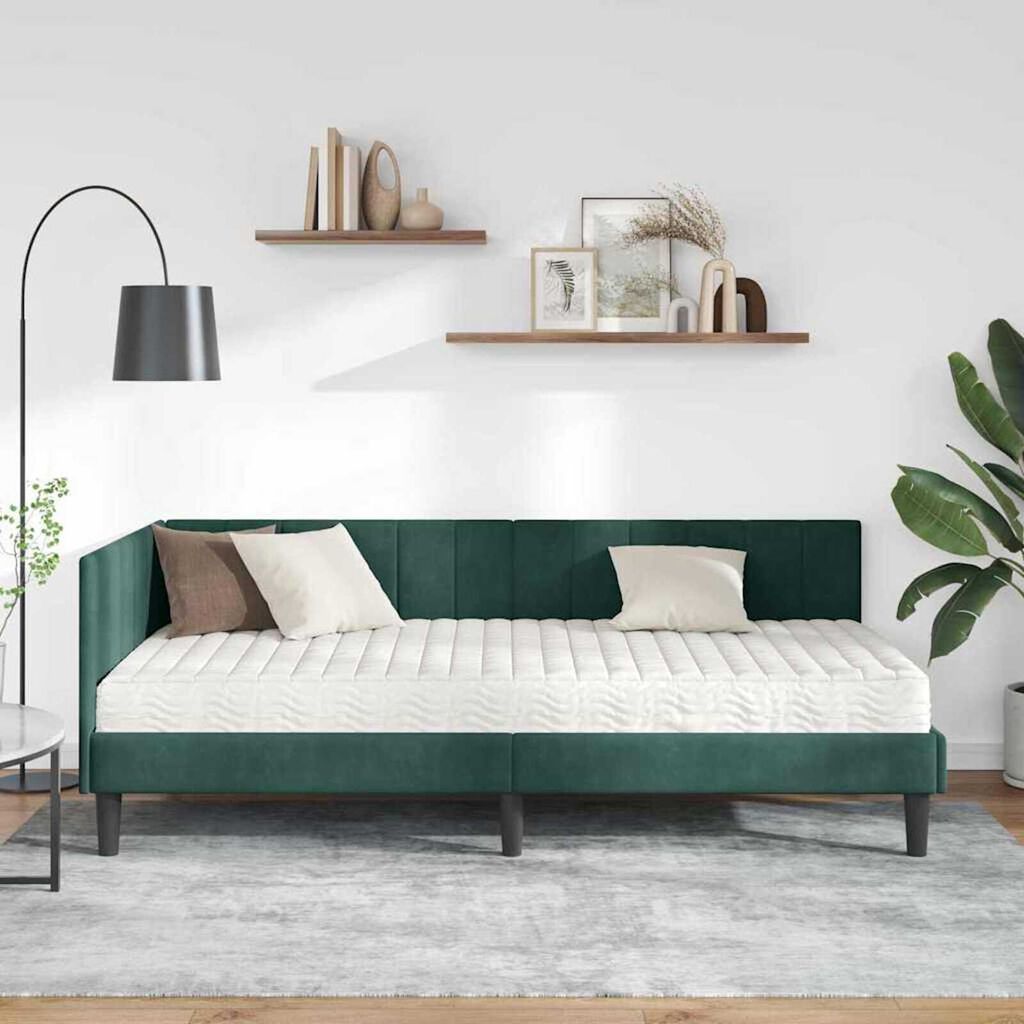 vidaXL Κρεβάτι Γωνίας με στρώμα Σκούρο πράσινο 90 x 190 cm Βελούδο
