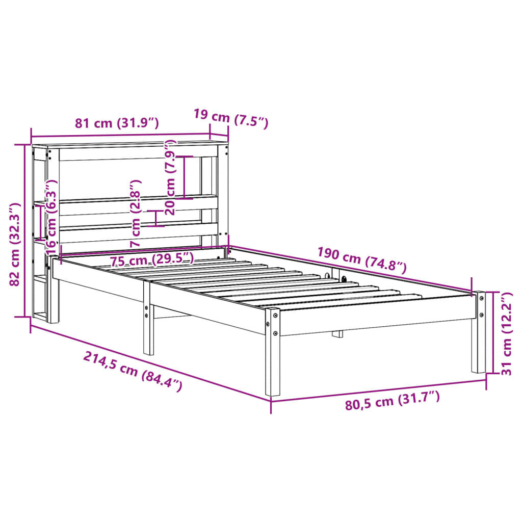 vidaXL Σκελετός Κρεβατιού Χωρίς Στρώμα 75x190 εκ Μασίφ Ξύλο Πεύκου