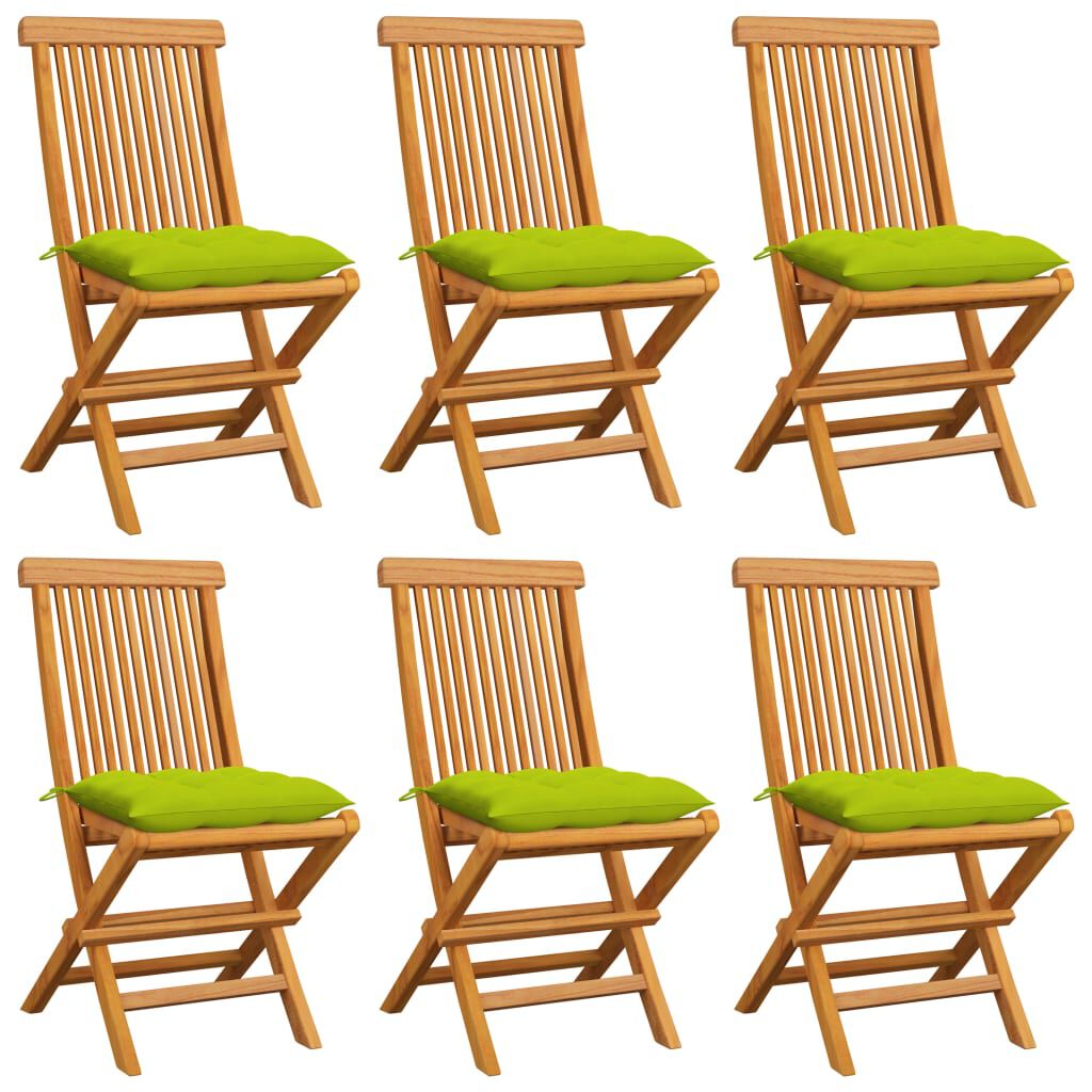 vidaXL Καρέκλες Κήπου 6 τεμ. Μασίφ Ξύλο Teak Φωτεινά Πράσινα Μαξιλάρια