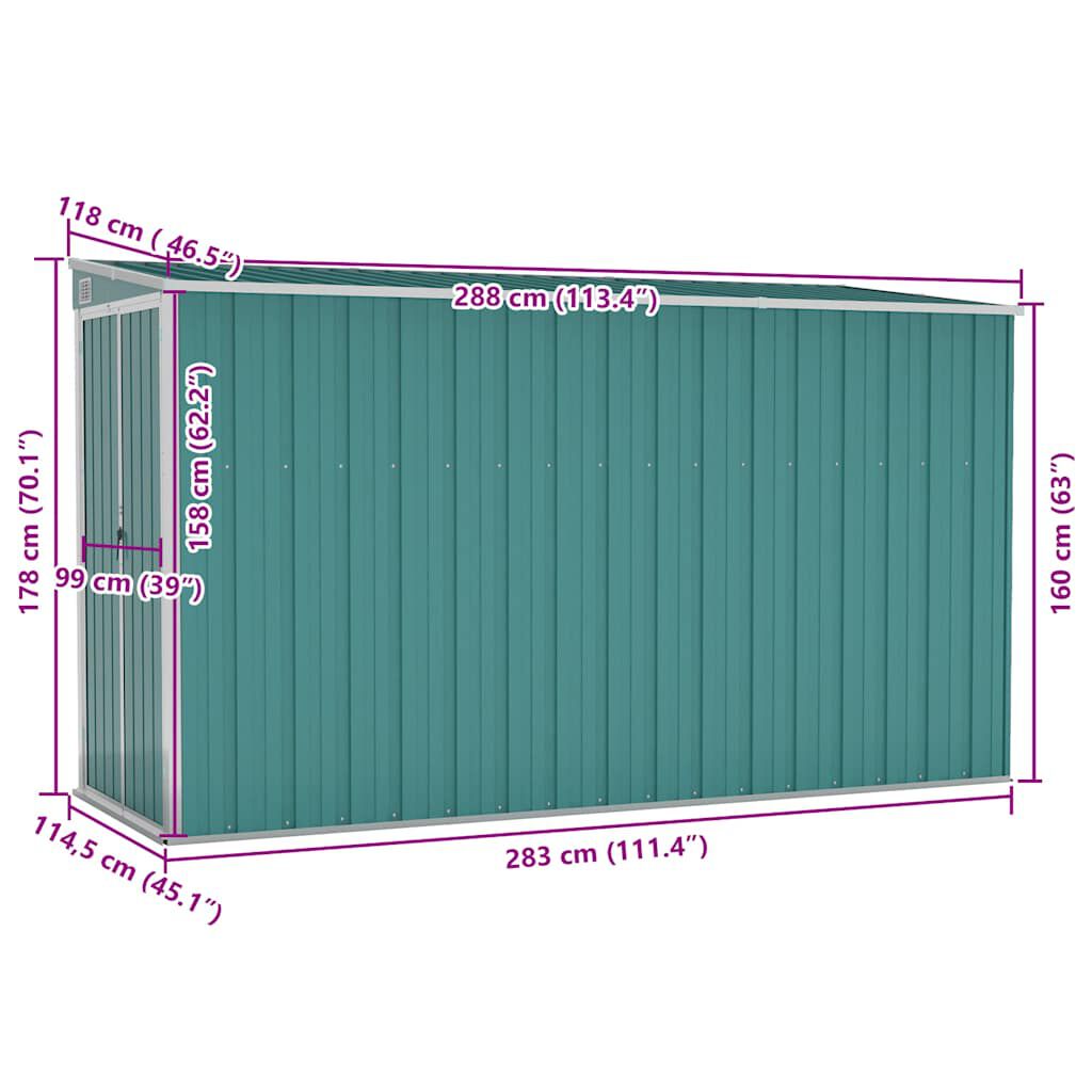 vidaXL Αποθήκη Κήπου Επιτοίχια Πράσινη 118x288x178 εκ από Γαλβ. Ατσάλι