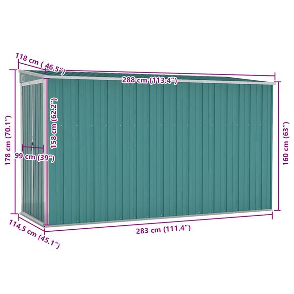 vidaXL Αποθήκη Κήπου Επιτοίχια Πράσινη 118x288x178 εκ από Γαλβ. Ατσάλι