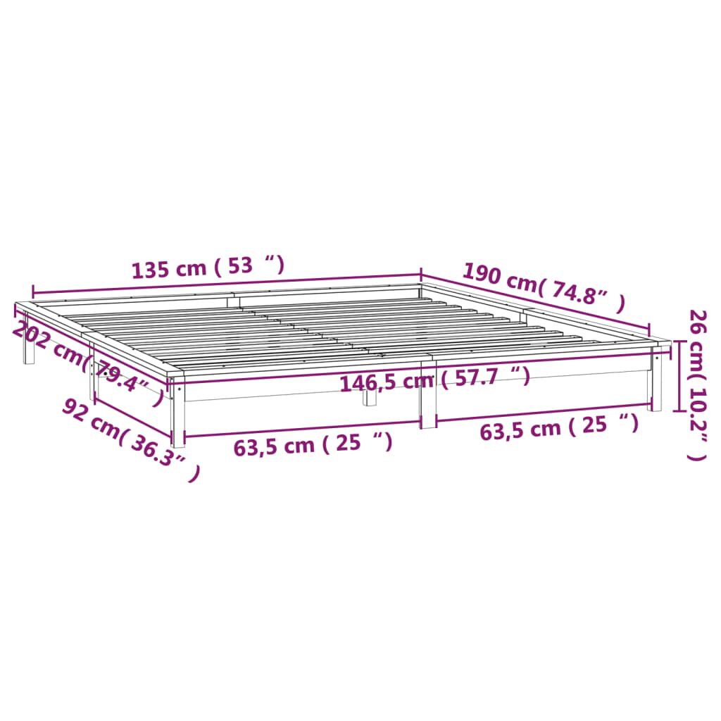 vidaXL Πλαίσιο Κρεβατιού με LED Λευκό 135 x 190 εκ. Διπλό Μασίφ Ξύλο