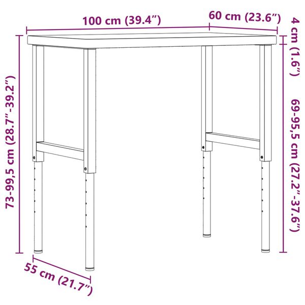 vidaXL Πάγκος Εργασίας Ορθογώνιος 100x60x(73-99,5) εκ Μασίφ Ξύλο Δρυός