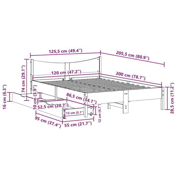 vidaXL Πλαίσιο Κρεβατιού Συρτάρια Λευκό 120x200 εκ. Μασίφ Ξύλο Πεύκου