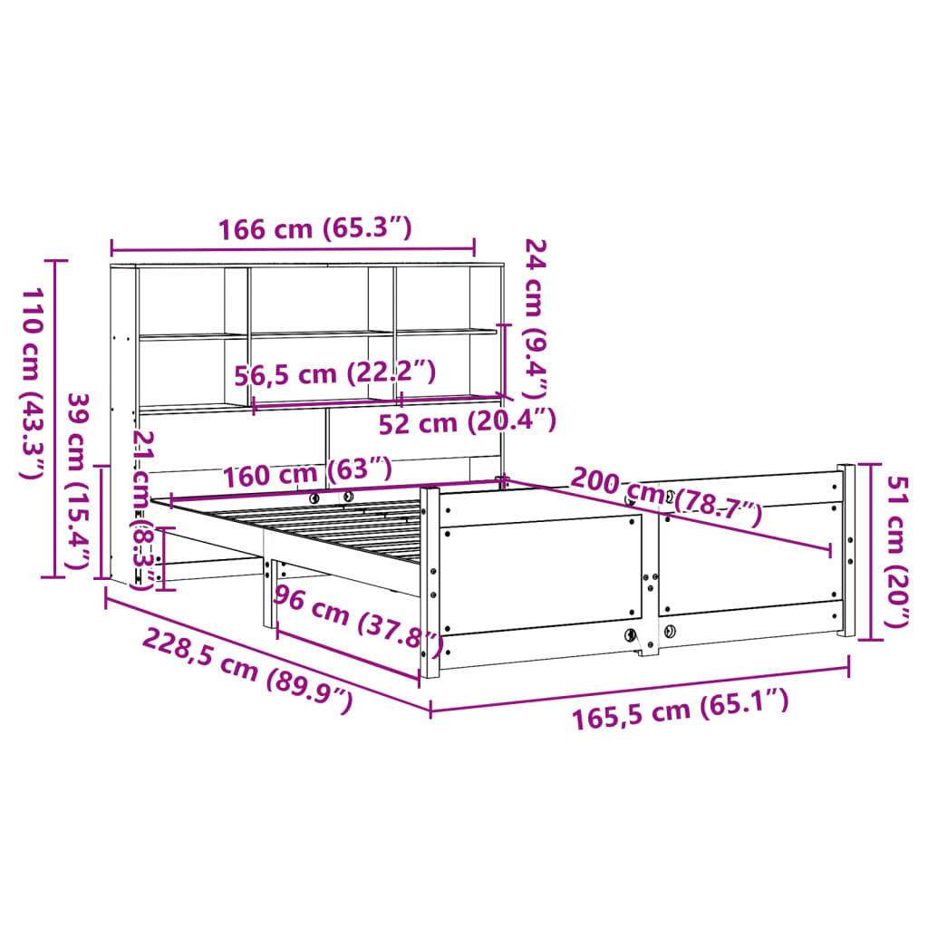 vidaXL Κρεβάτι Βιβλιοθήκη Χωρίς Στρώμα 160x200 εκ Μασίφ Ξύλο Πεύκου