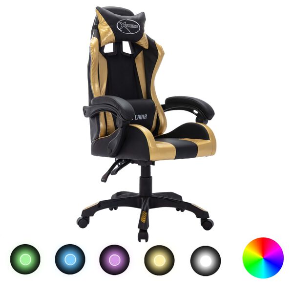vidaXL Καρέκλα Racing με Φωτισμό RGB LED Χρυσό/Μαύρο Συνθετικό Δέρμα