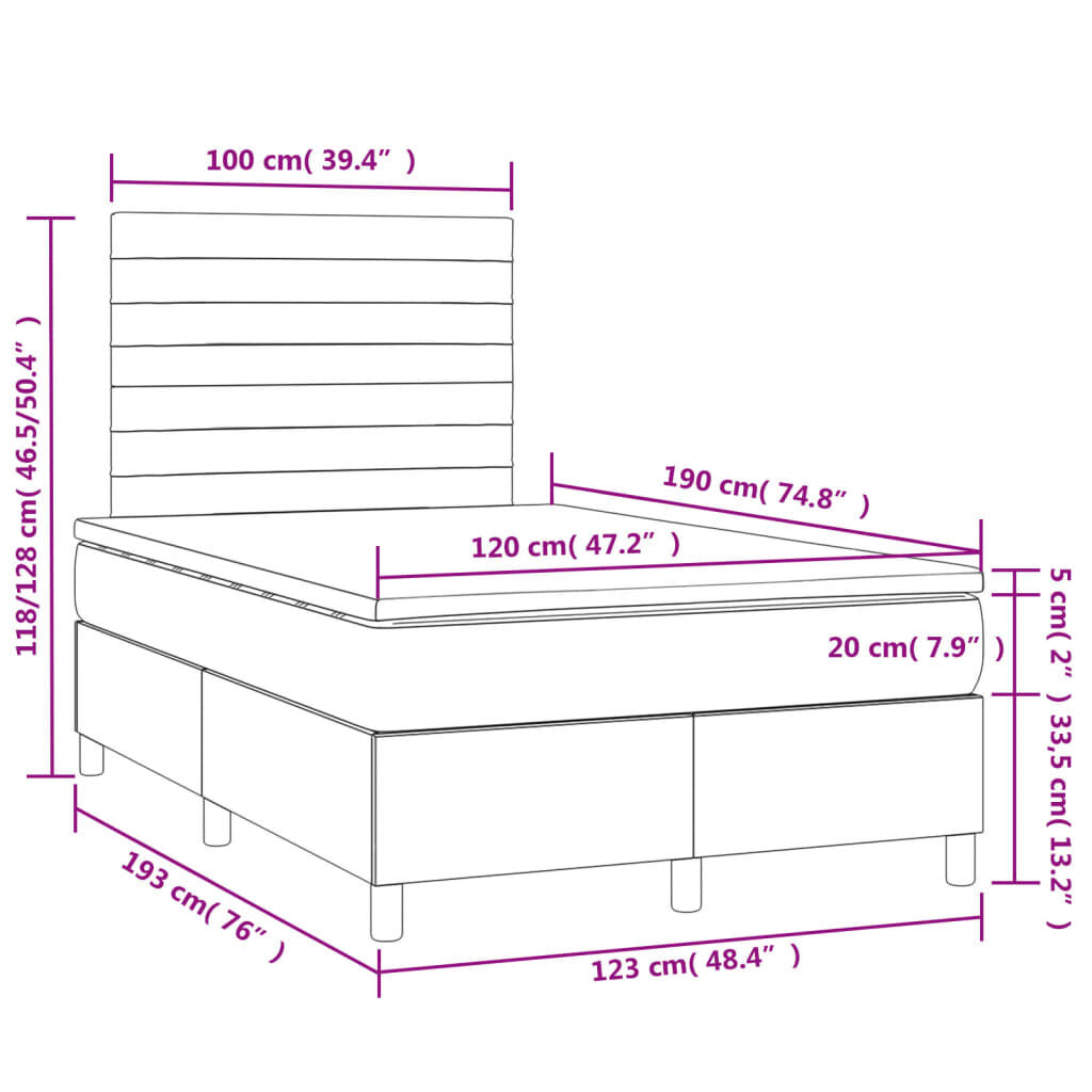 vidaXL Κρεβάτι Boxspring με Στρώμα & LED Σκ.Γκρι 120x190εκ. Υφασμάτινο
