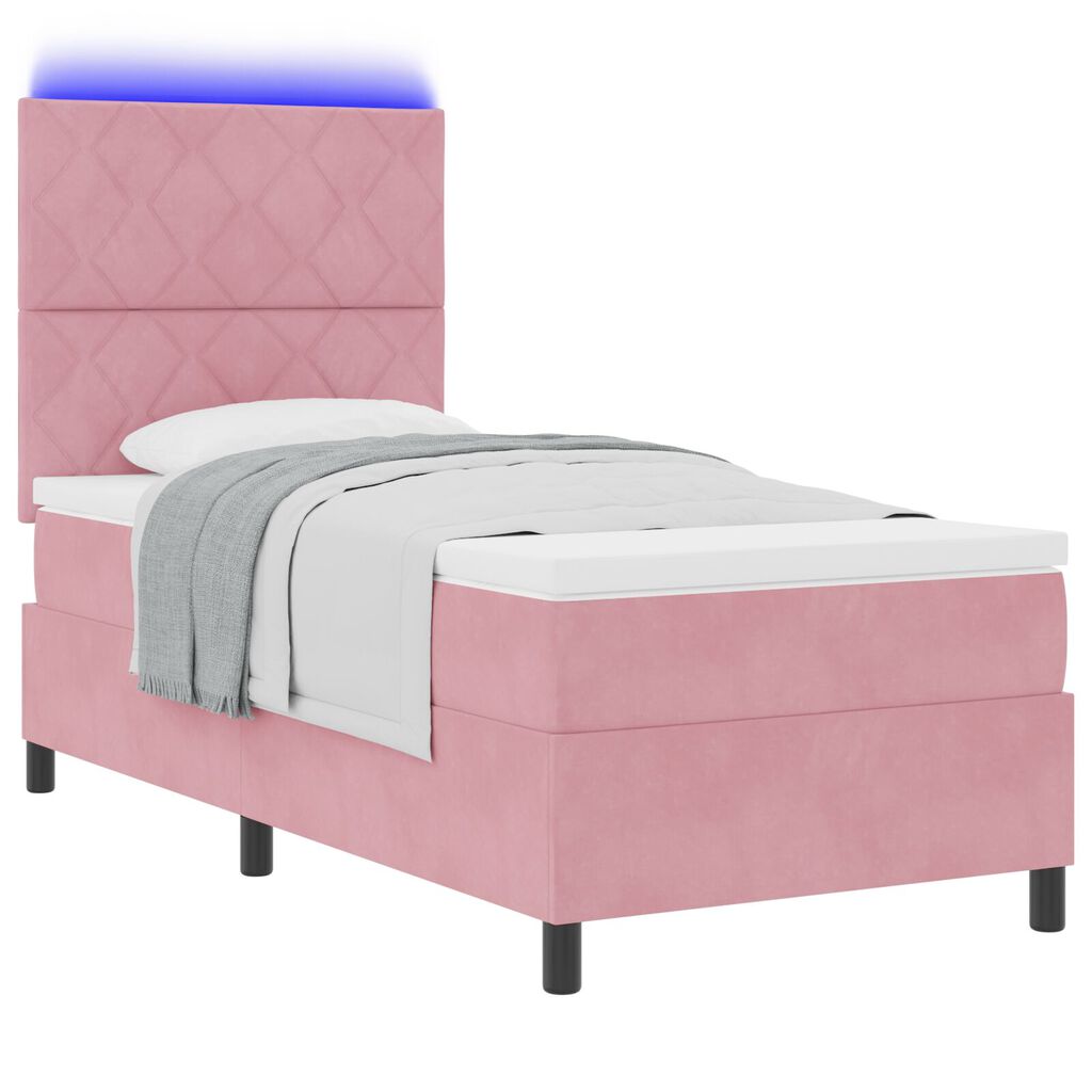 vidaXL Κρεβάτι Box Spring με Στρώμα & LED Ροζ 90x190 εκ. Βελούδου
