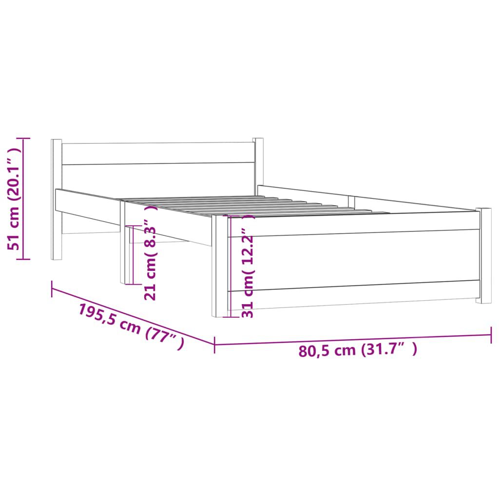 vidaXL Πλαίσιο Κρεβατιού Μελί 75x190 εκ. Ξύλο Πεύκου Small Single