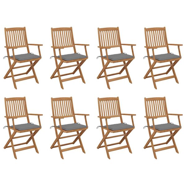 vidaXL Καρέκλες Εξ. Χώρου Πτυσσόμενες 8 τεμ. Ξύλο Ακακίας & Μαξιλάρια
