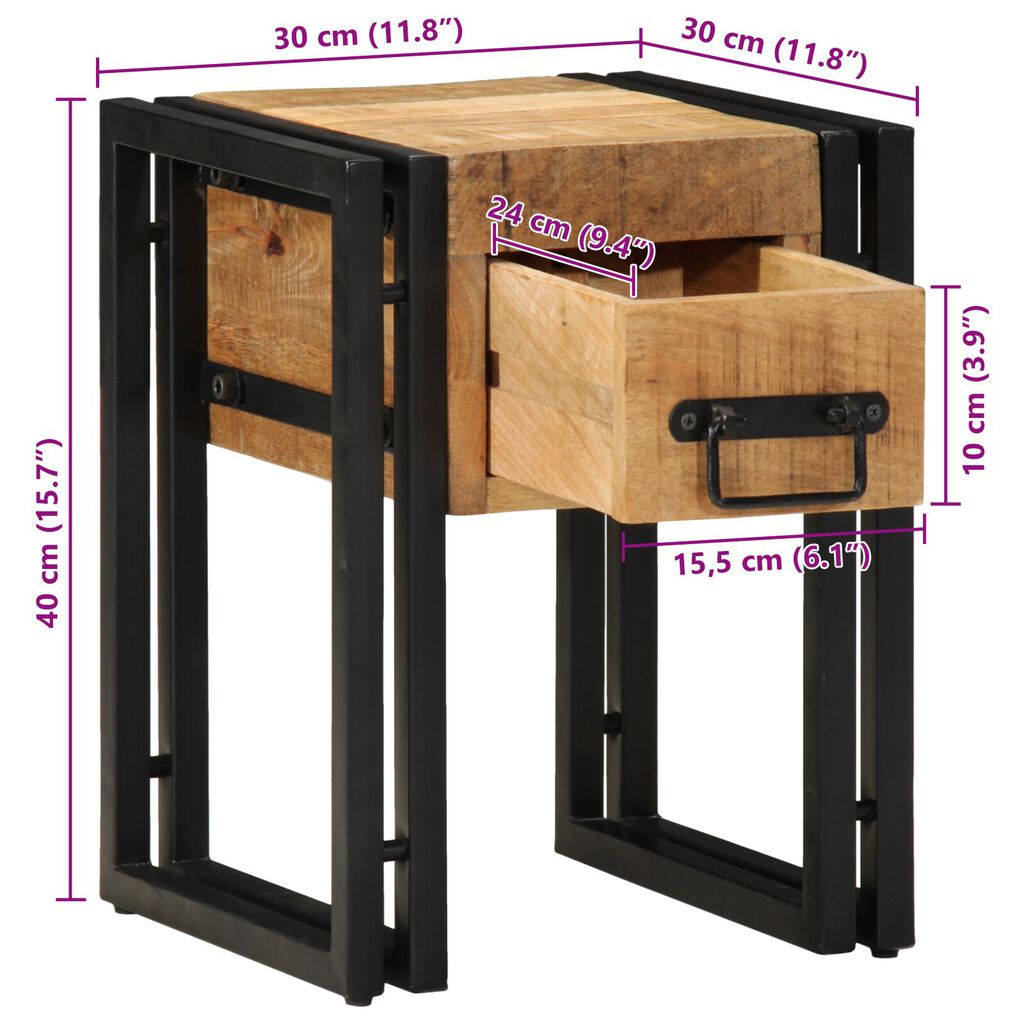 vidaXL Τραπέζι με Συρτάρι Μαύρο 30x30x40 εκ Μασίφ Ξύλο Μάνγκο