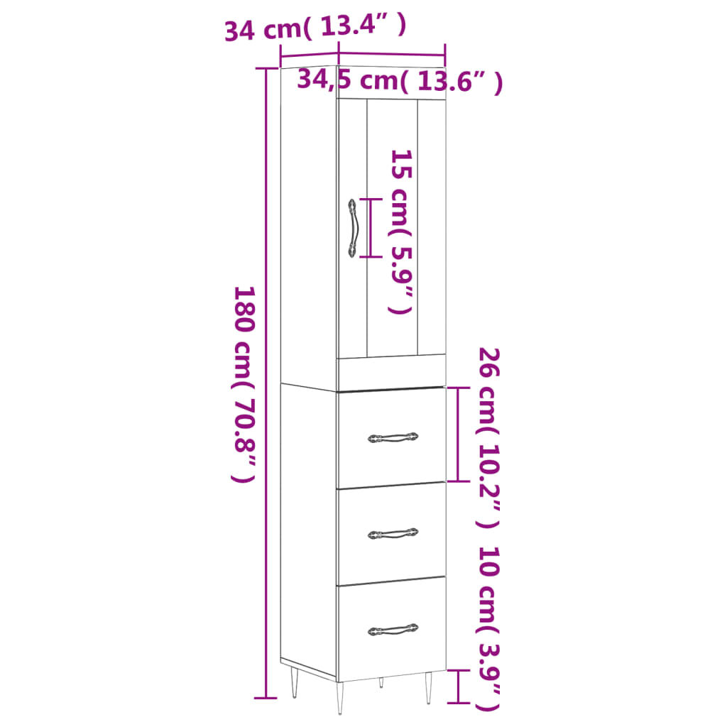 vidaXL Ντουλάπι Λευκό 34,5 x 34 x 180 εκ. από Επεξεργασμένο Ξύλο