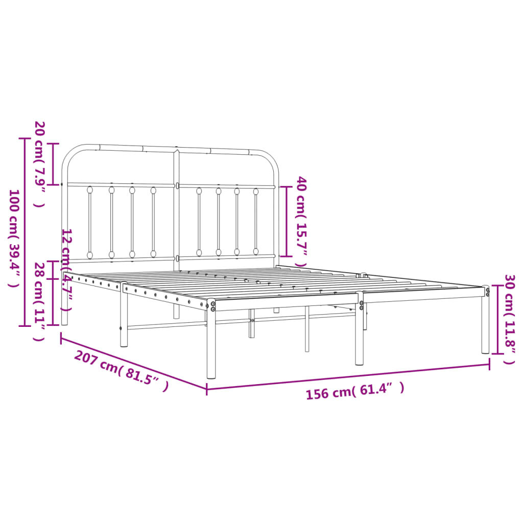 vidaXL Πλαίσιο Κρεβατιού με Κεφαλάρι Μαύρο 150 x 200 εκ. Μεταλλικό