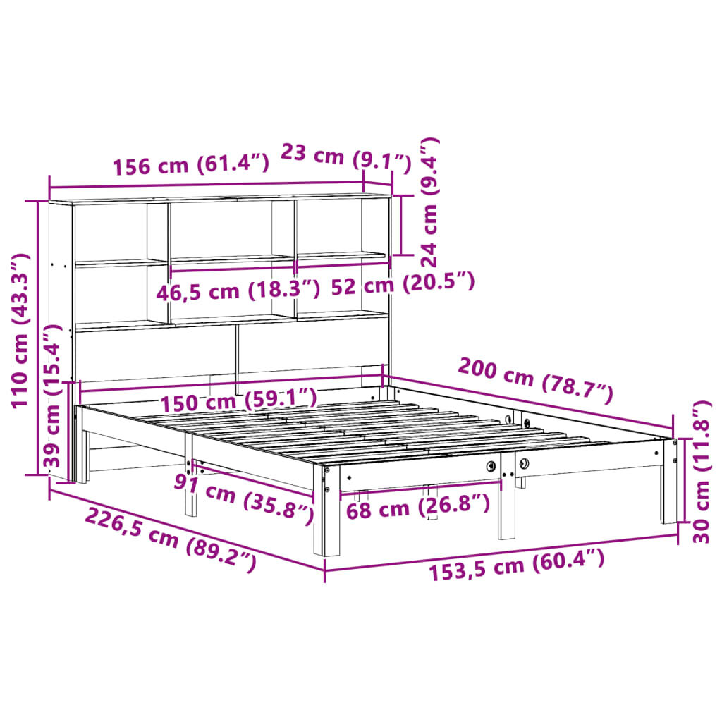 vidaXL Κρεβάτι Βιβλιοθήκη Χωρίς Στρώμα 150x200 εκ Μασίφ Ξύλο Πεύκου