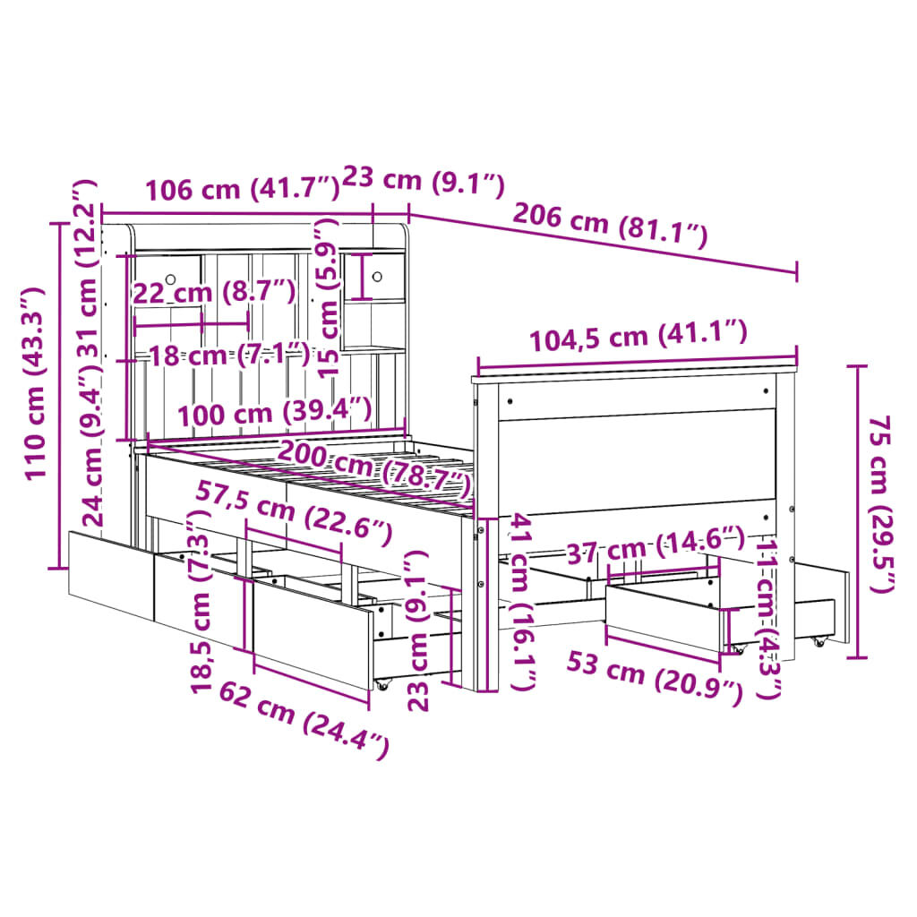 vidaXL Κρεβάτι Βιβλιοθήκη Χωρίς Στρώμα 100x200 εκ. Μασίφ Ξύλο Πεύκο