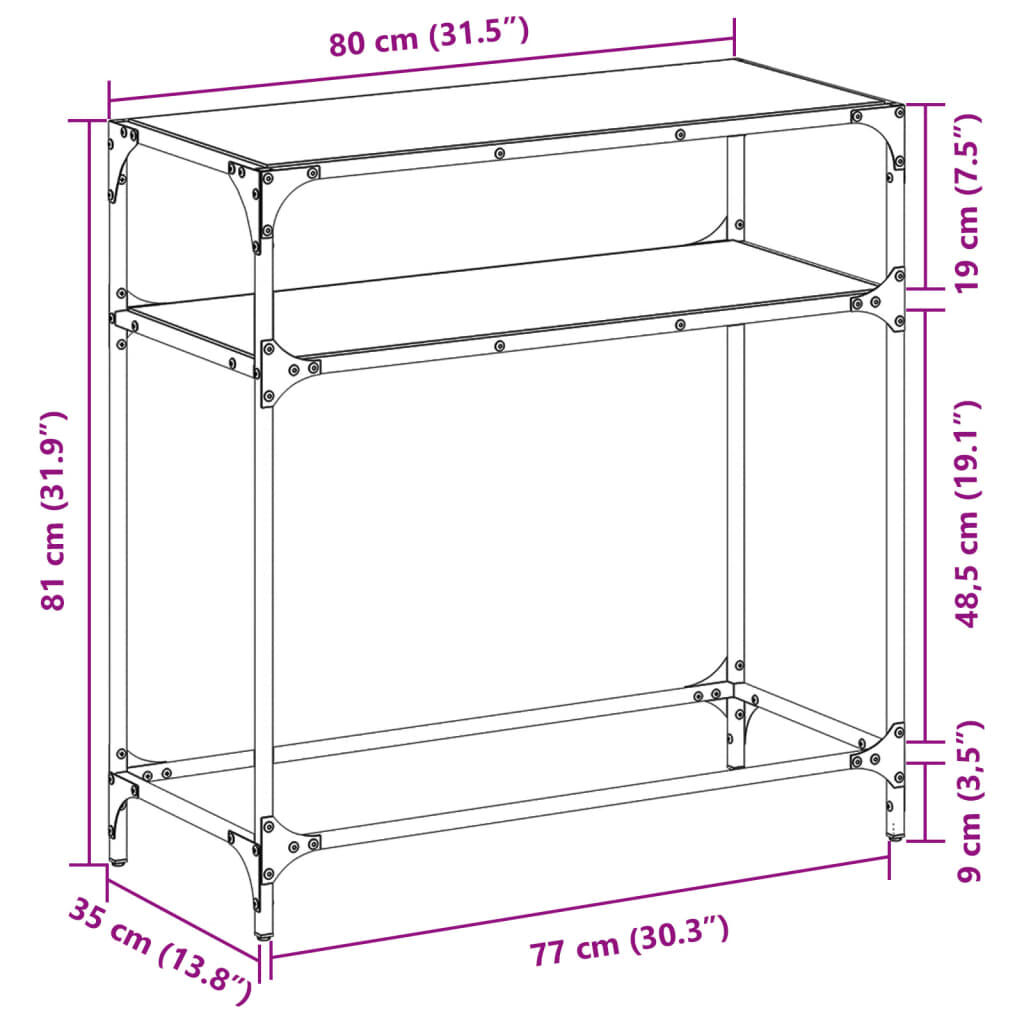 vidaXL Τραπέζι Κονσόλα Επιφάνεια Μαύρο Γυαλί 80 x 35 x 81 εκ. Ατσάλι