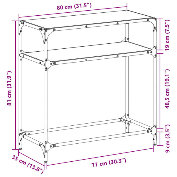 vidaXL Τραπέζι Κονσόλα Επιφάνεια Μαύρο Γυαλί 80 x 35 x 81 εκ. Ατσάλι