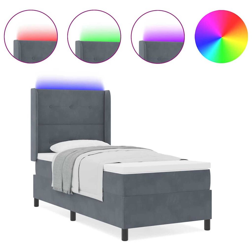 vidaXL Κρεβάτι Box Spring LED με Στρώμα Σκούρο γκρι 90 x 200 cm