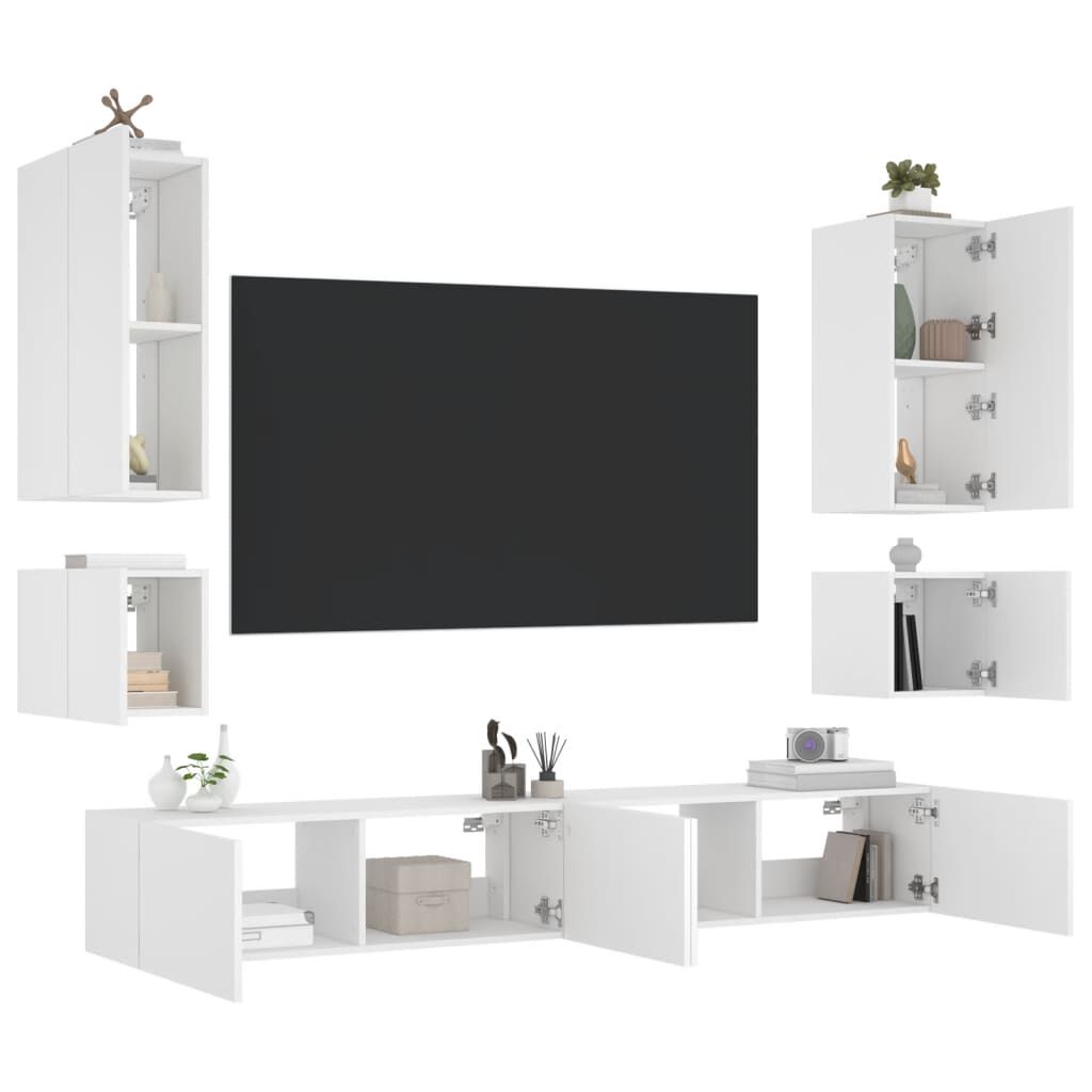vidaXL Ντουλάπια Τηλεόρασης Τοίχου 6 Τεμ. με Φώτα LED Λευκά