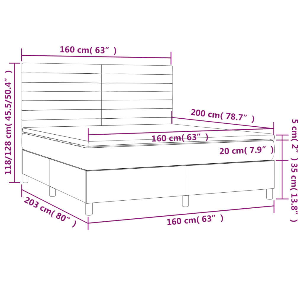 vidaXL Κρεβάτι Boxspring με Στρώμα & LED Σκ.Καφέ 160x200εκ. Υφασμάτινο