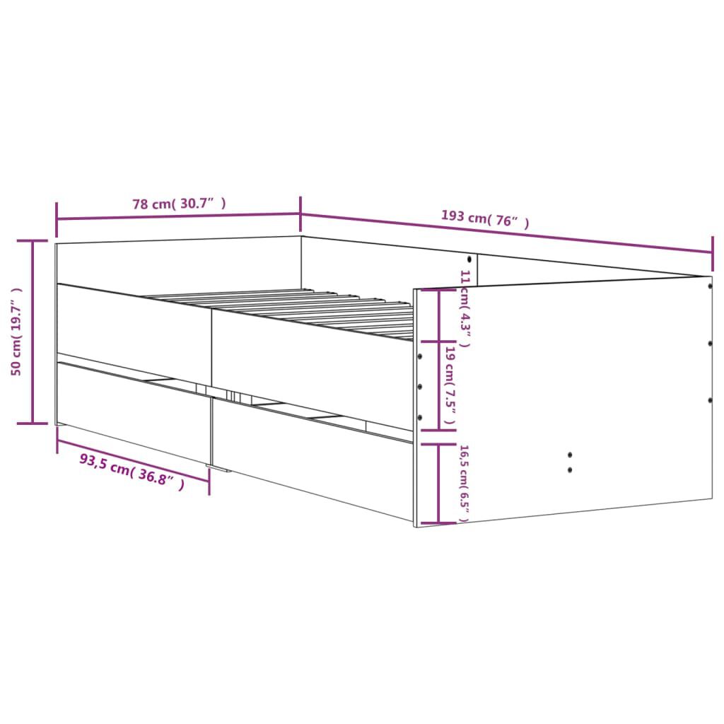 vidaXL Πλαίσιο Κρεβατιού Με Συρτάρια Sonoma Δρυς 75x190εκ Small Single