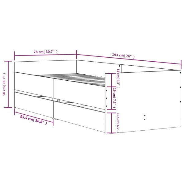 vidaXL Πλαίσιο Κρεβατιού Με Συρτάρια Sonoma Δρυς 75x190εκ Small Single