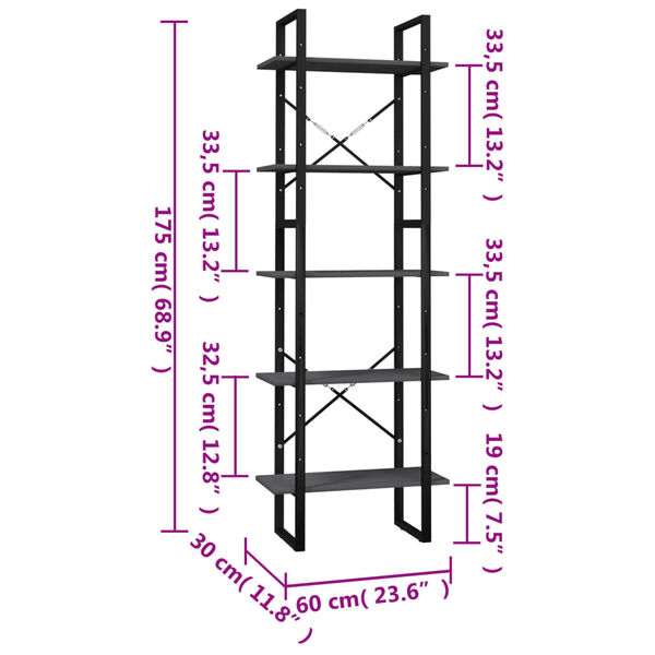 vidaXL Βιβλιοθήκη με 5 Ράφια Γκρι 60 x 30 x 175 εκ. από Ξύλο Πεύκου