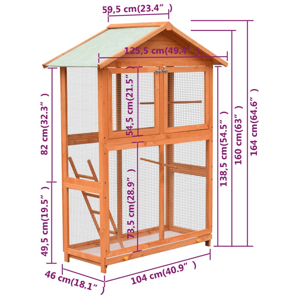 vidaXL Κλουβί Πουλιών 125,5x59,5x164 εκ. Μασίφ Ξύλο Πεύκου και Ελάτης