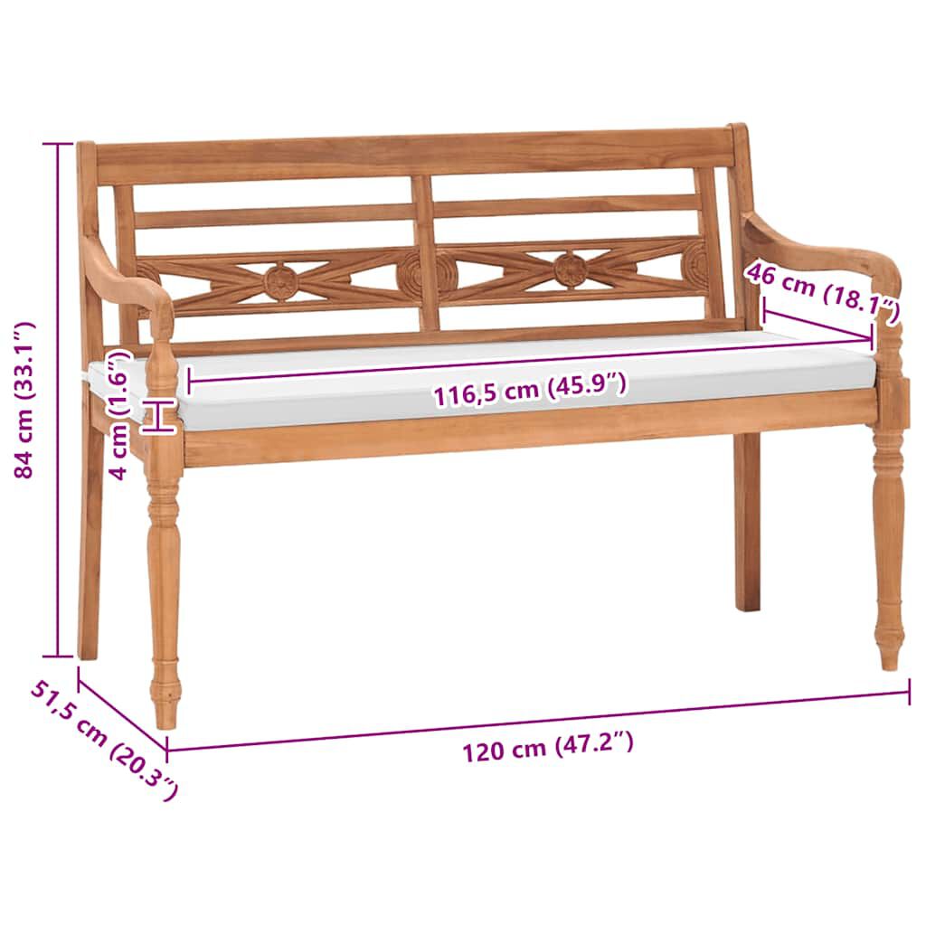 vidaXL Παγκάκι Batavia 120 εκ. από Ξύλο Teak με Μαξιλάρια