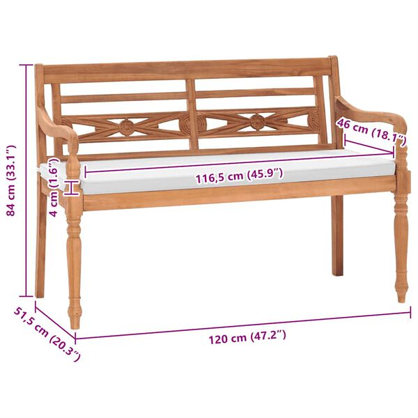 vidaXL Παγκάκι Batavia 120 εκ. από Ξύλο Teak με Μαξιλάρια