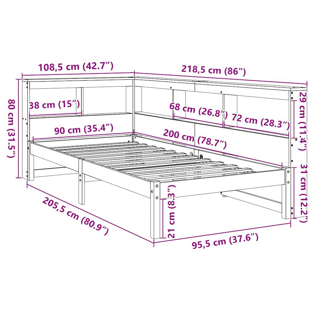 vidaXL Κρεβάτι Βιβλιοθήκη Χωρίς Στρώμα 90x190 εκ Μασίφ Ξύλο Πεύκου