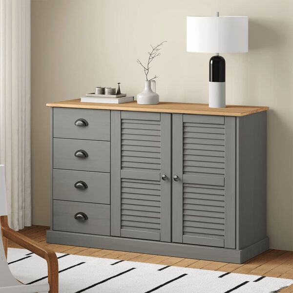 vidaXL Μπουφές με Συρτάρια VIGO Γκρι 113x40x75 εκ. Μασίφ Ξύλο Πεύκο
