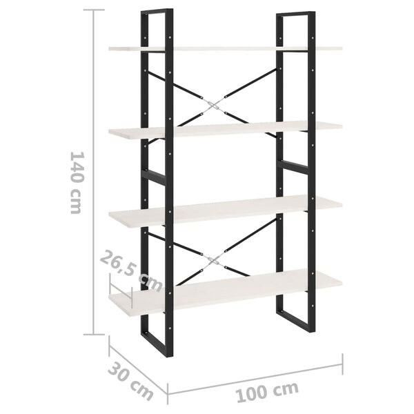 vidaXL Βιβλιοθήκη με 4 Ράφια Λευκή 100x30x140 εκ από Μασίφ Ξύλο Πεύκου
