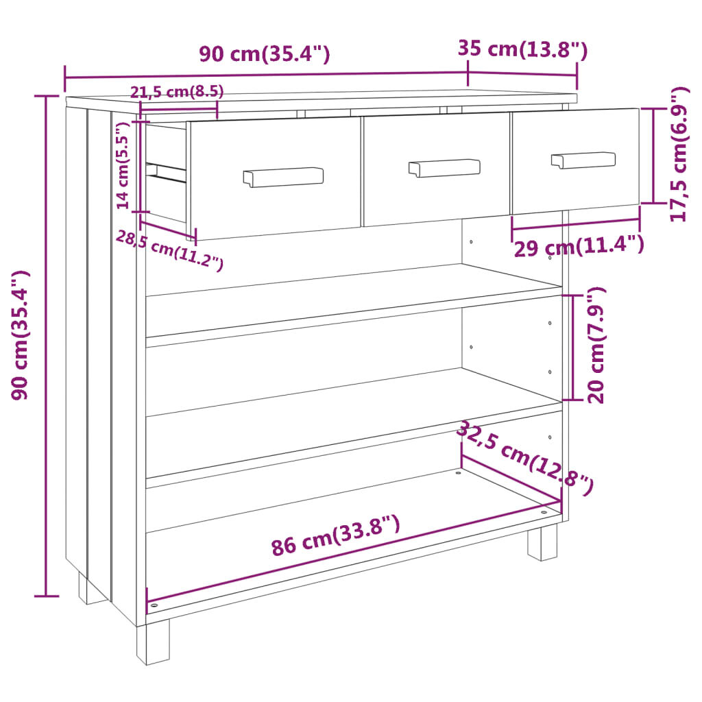 vidaXL Τραπέζι Κονσόλα HAMAR Μελί 90x35x90 εκ. Μασίφ Ξύλο Πεύκου