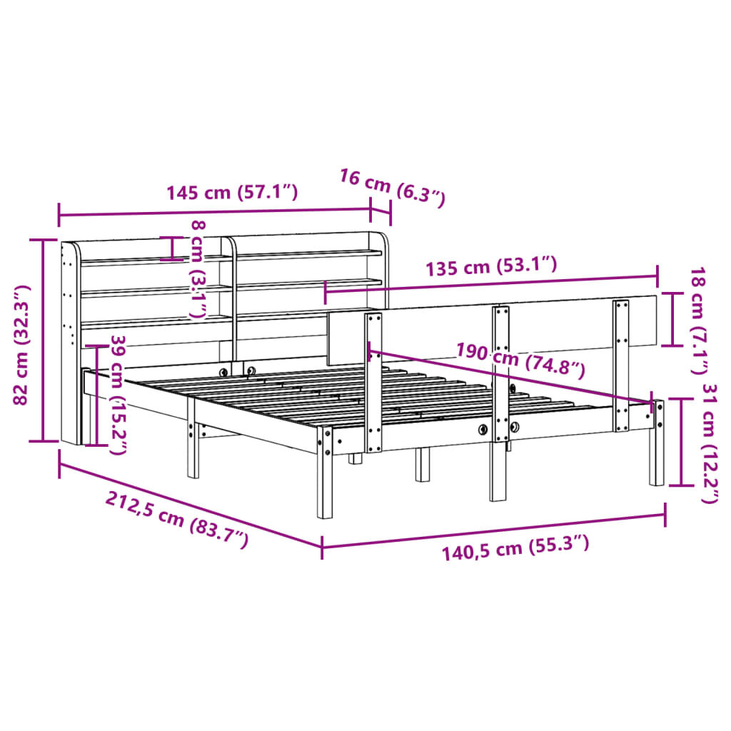 vidaXL Σκελετός Κρεβ. Χωρίς Στρώμα Λευκό 135x190 εκ Μασίφ Πεύκο