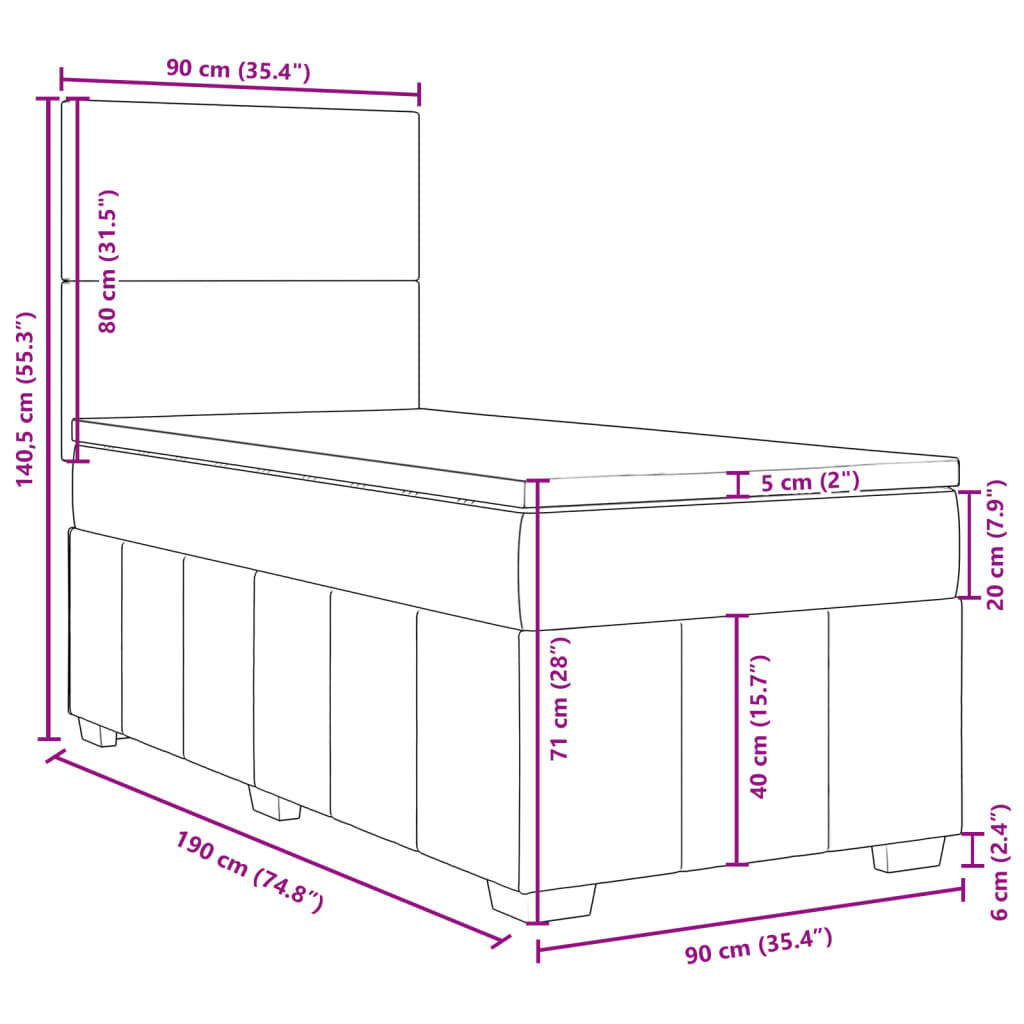 vidaXL Κρεβάτι Boxspring με Στρώμα Σκούρο Καφέ 90x190 εκ. Υφασμάτινο