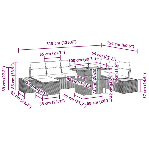 vidaXL Σετ Καναπέ Κήπου με μαξιλάρι 9 pcs Μπεζ Πολυ ράταν