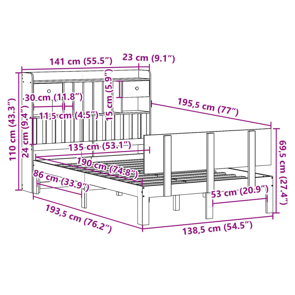 vidaXL Κρεβάτι Βιβλιοθήκη Χωρίς Στρώμα Λευκό 135x190 εκ Μασίφ Πεύκο