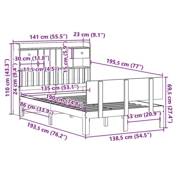 vidaXL Κρεβάτι Βιβλιοθήκη Χωρίς Στρώμα Λευκό 135x190 εκ Μασίφ Πεύκο