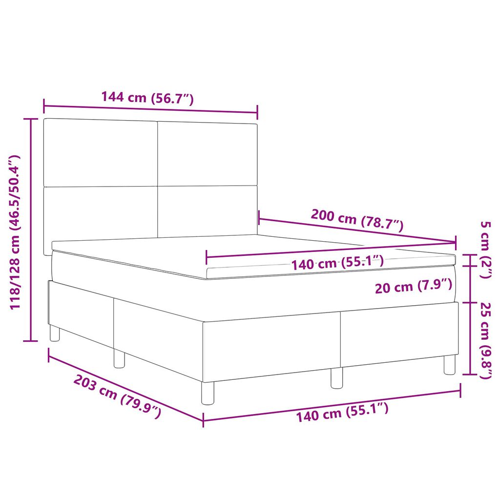 vidaXL Κρεβάτι Box Spring με Στρώμα & LED Φως Πράσινο Γκρί 140x200 εκ Ύφασμα Κορδέλας