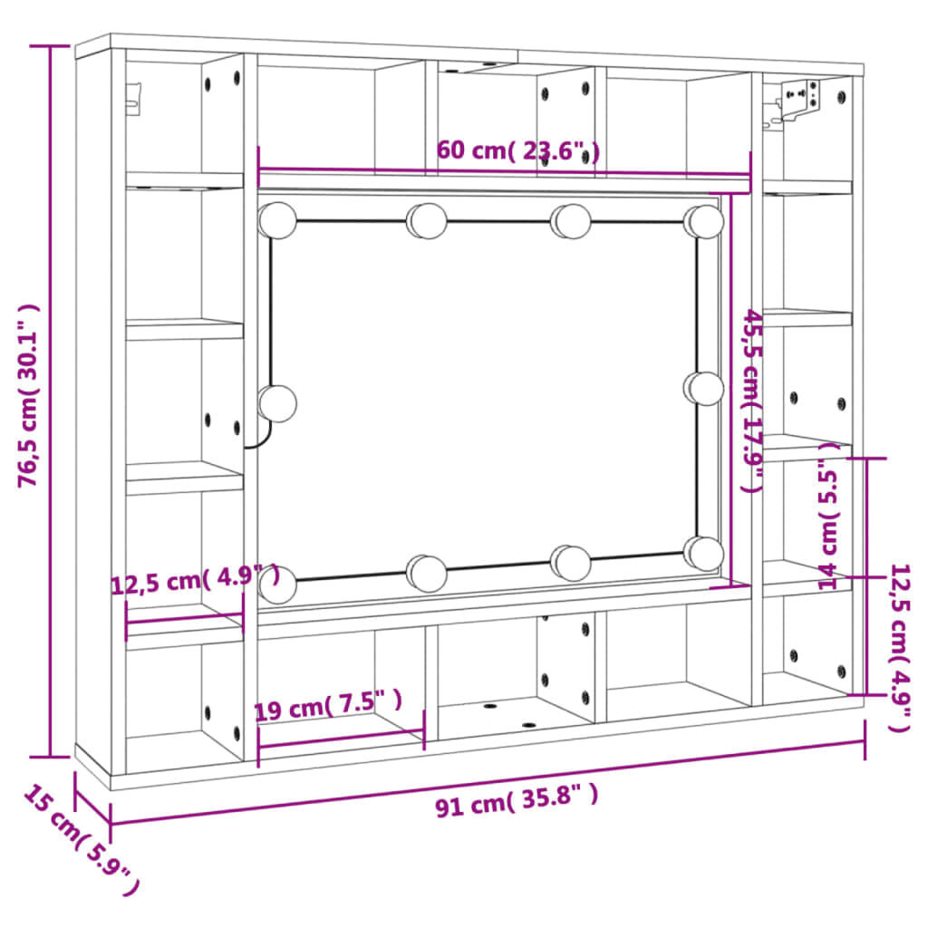 vidaXL Έπιπλο Καθρέπτη με LED Sonoma Δρυς 91 x 15 x 76,5 εκ.